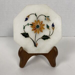 Marble Inlaid 4" Octagonal Plate Pietra Dura Handcrafted Floral Decor w/Stand